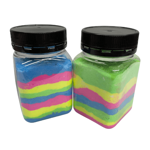 Jars filled with layered coloured bath fizz from Kids Bath Fizz Kit