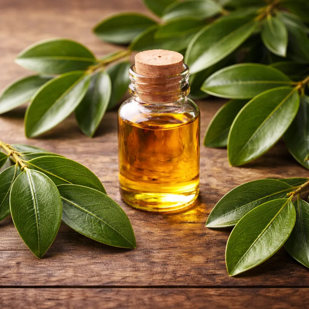 Cinnamon leaf essential oil amongst cinnamon leaves