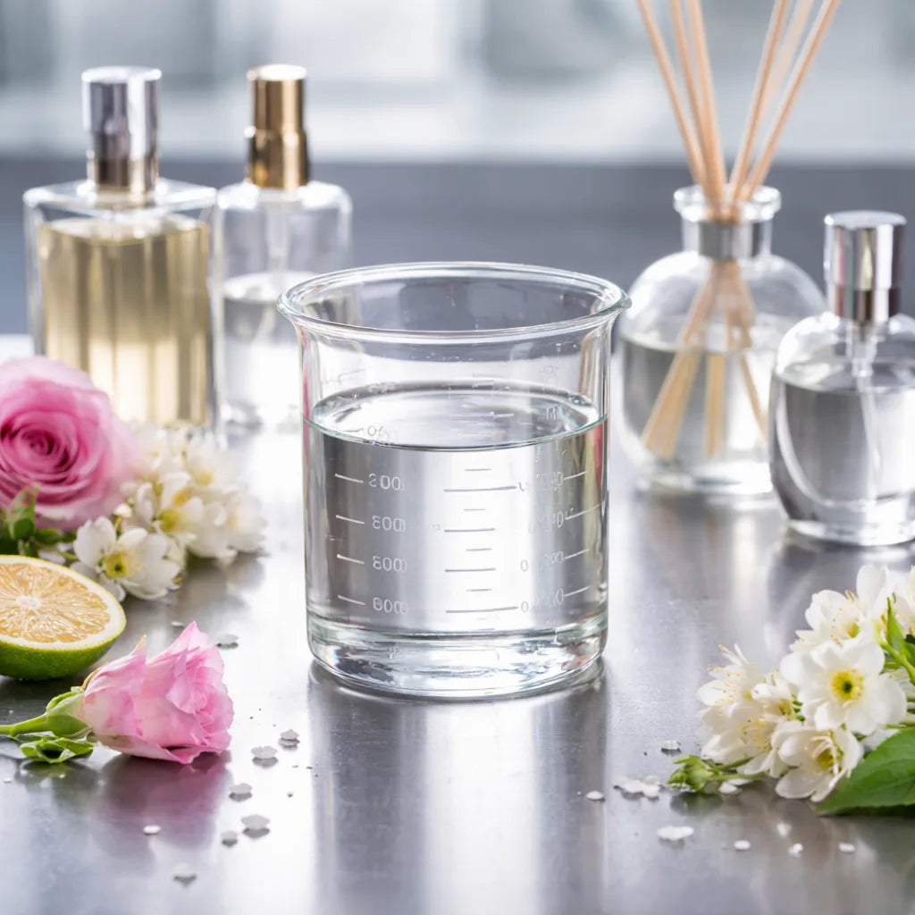 Clear glass measuring cup of dipropylene glycol on a reflective surface with flowers and bottles in the background