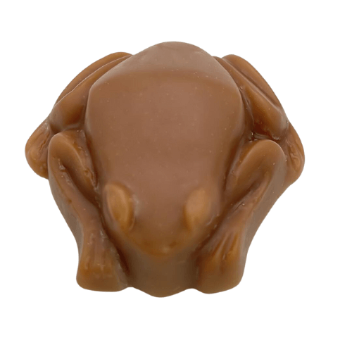 Dark brown frog soap showing the discolouration from Fruit Loops Fragrance Oil