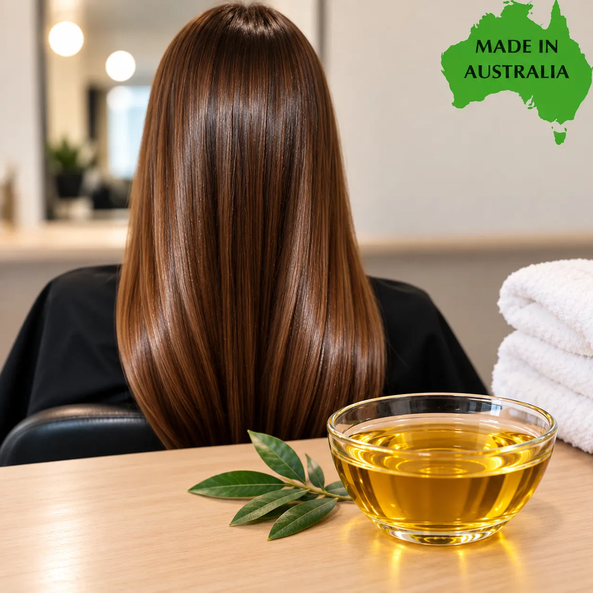 Long, straight, glossy brown hair shown from the back on a person seated in a salon chair, with a glass bowl of golden oil and green leaves on the table in the foreground. A green 'MADE IN AUSTRALIA' graphic appears in the top right corner.