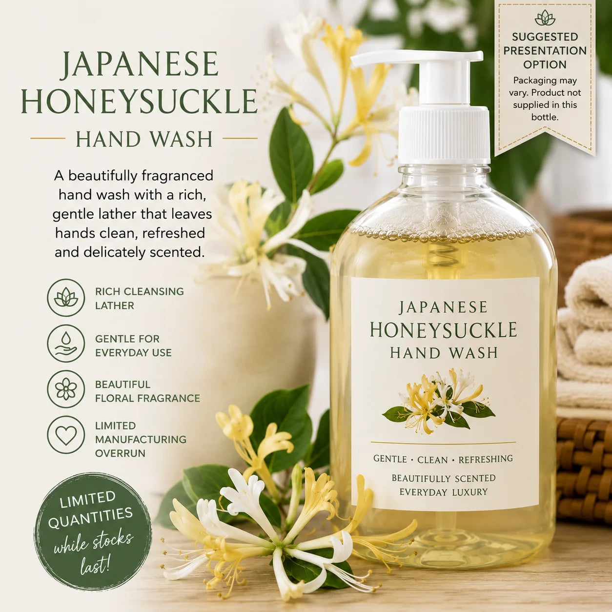 A bottle of Japanese Honeysuckle Hand Wash is shown on a styled background with white flowers, green leaves, and a wooden tray.