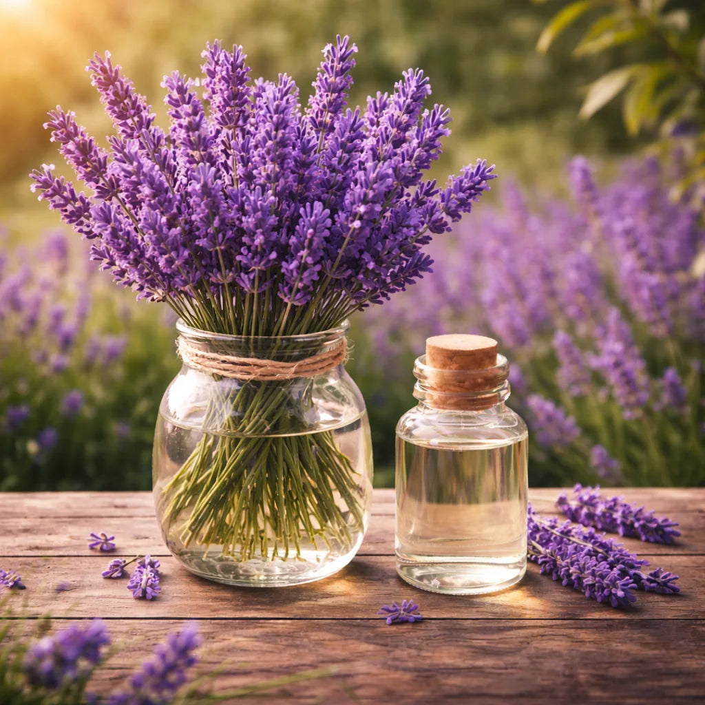 Glass jar with lavender flowers and a bottle of lavender commercial essential oil on a wooden table with a blurred background of lavender plants.