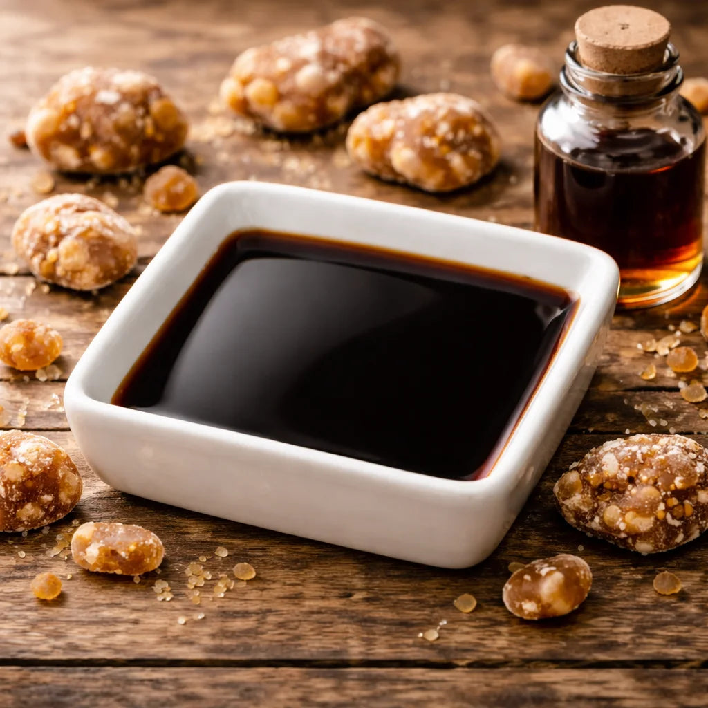 Benzoin oleoresin in a white dish with benzoin resin pieces around and oil in a bottle