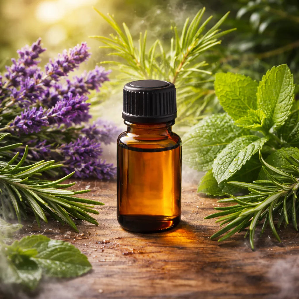Amberglass bottle with on a wooden surface surrounded by tea tree and spearmint leaves and lavender flowers.
