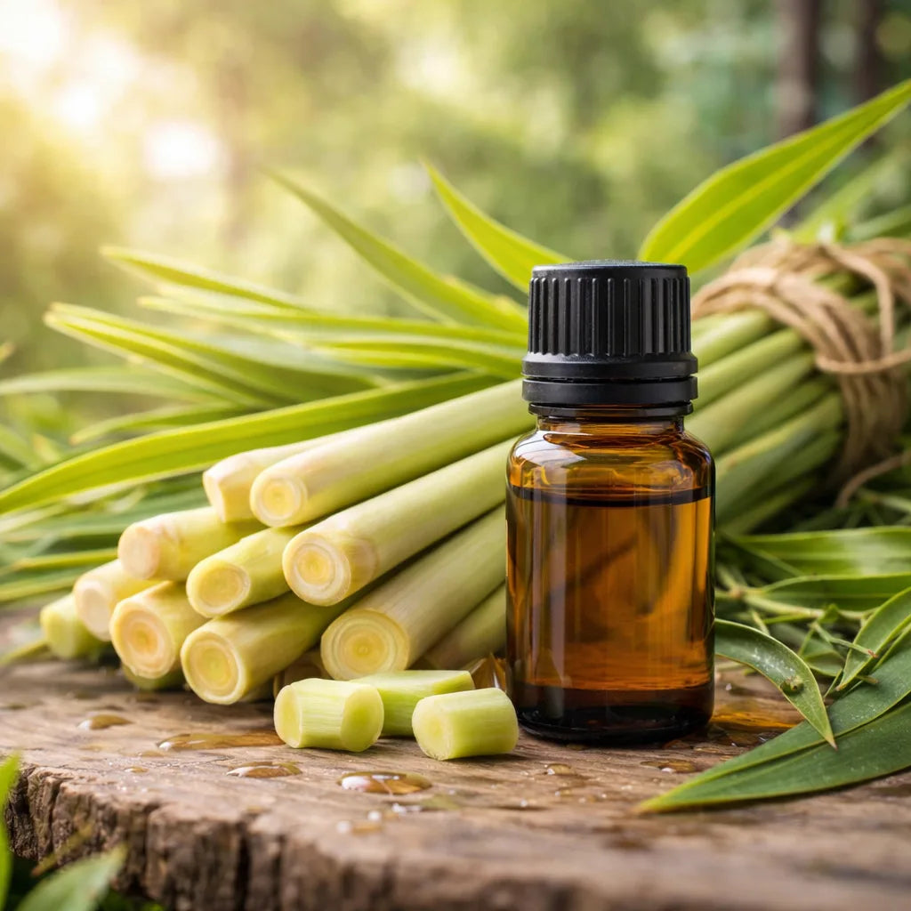 Bottle of essential oil with lemongrass on a wooden surface