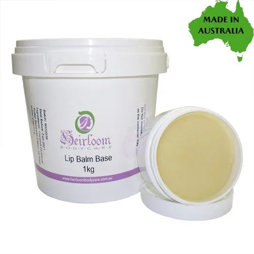Lip balm base container with 'Heirloom Bodycare' branding and 'Made in Australia' label.