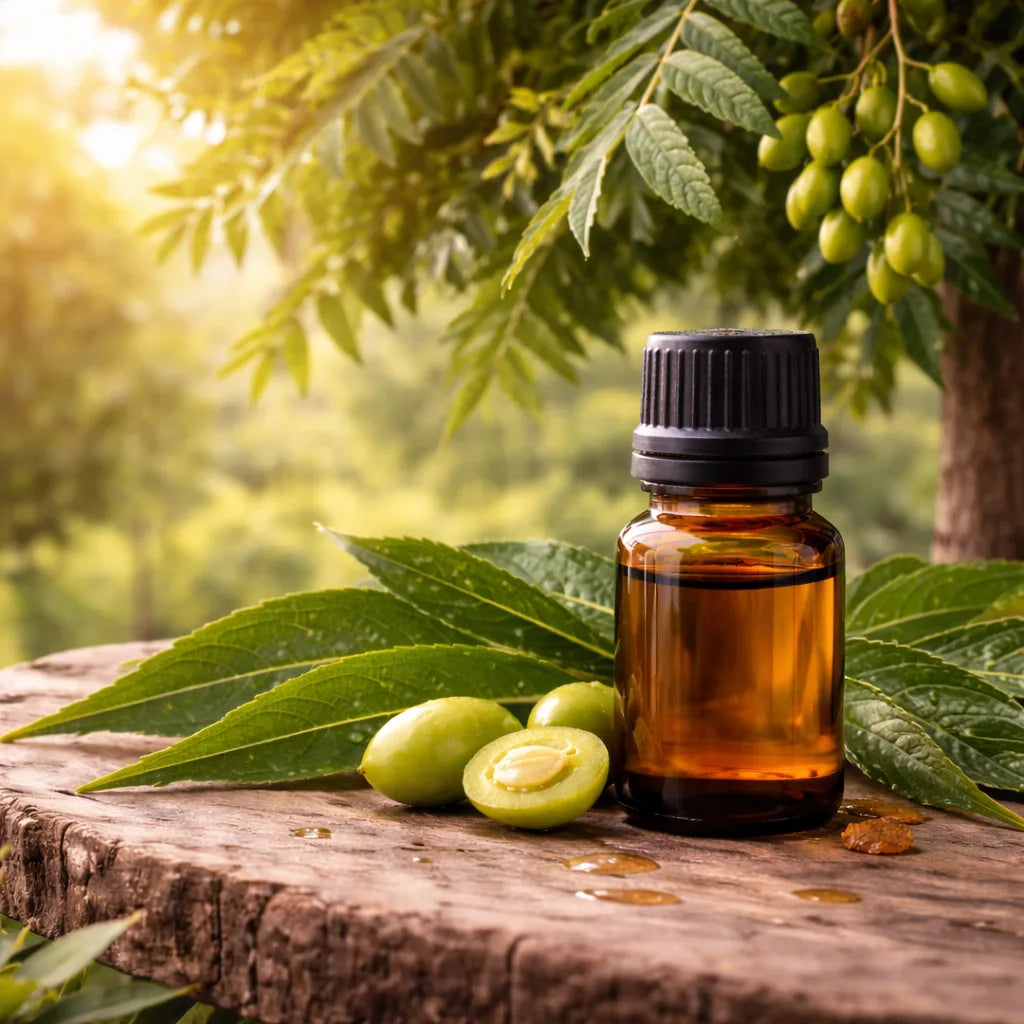 Bottle of neem essential oil with green neem leaves and fruits on a wooden surface
