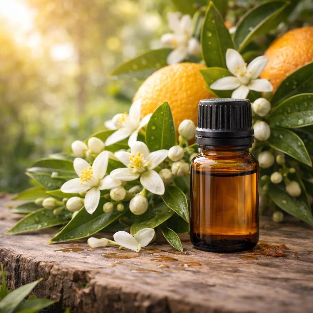 Brown glass bottle with black cap on a wooden surface with orange flowers and leaves in the background