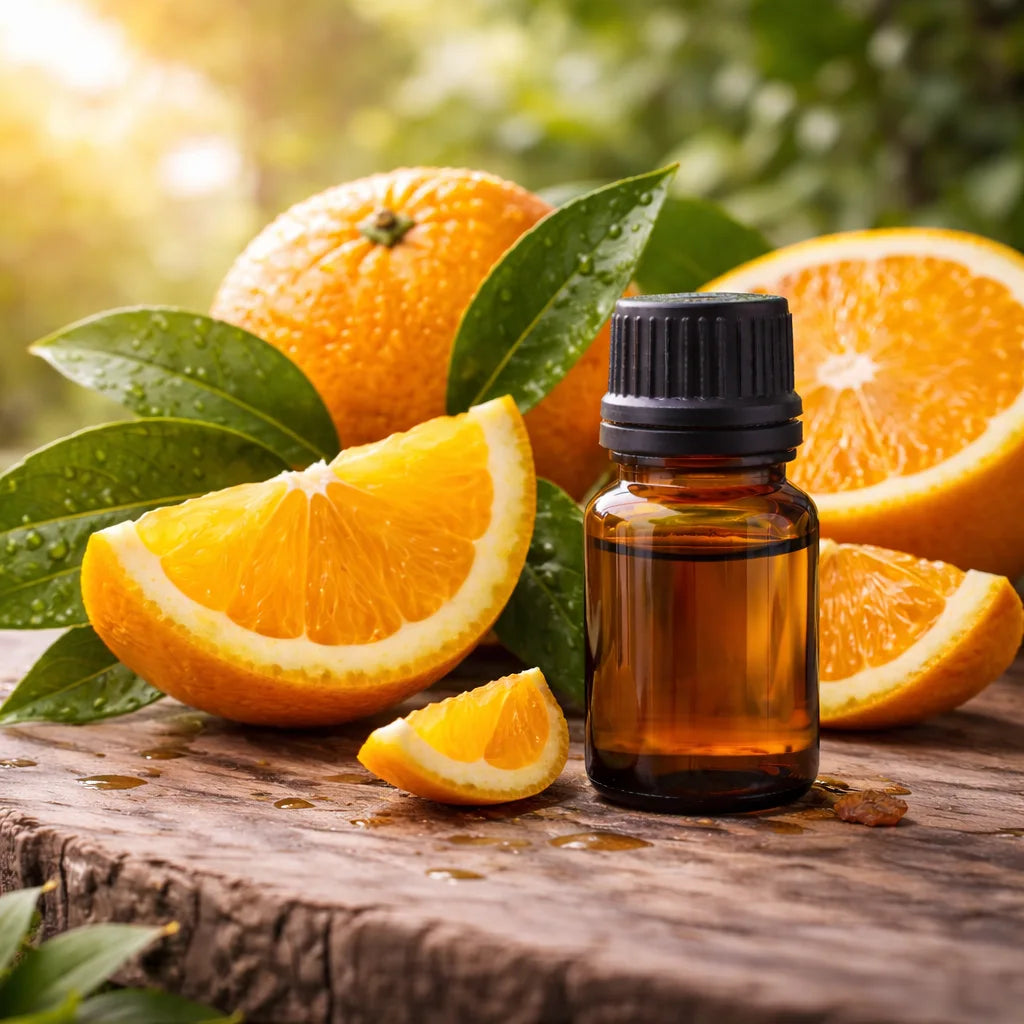 Orange slices and a bottle of essential oil on a wooden surface with green leaves in the background