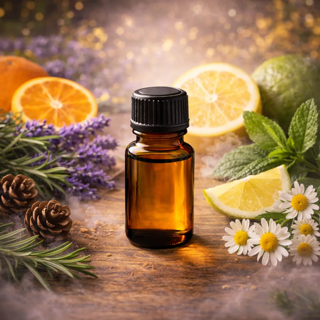 Amber glass bottle on a wooden surface surrounded by lemons, chamomile, lavender, and mandarins.