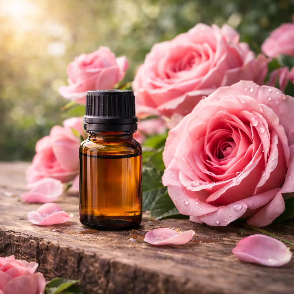 Brown glass bottle of rose absolute essential oilwith black cap on a wooden surface surrounded by pink roses.