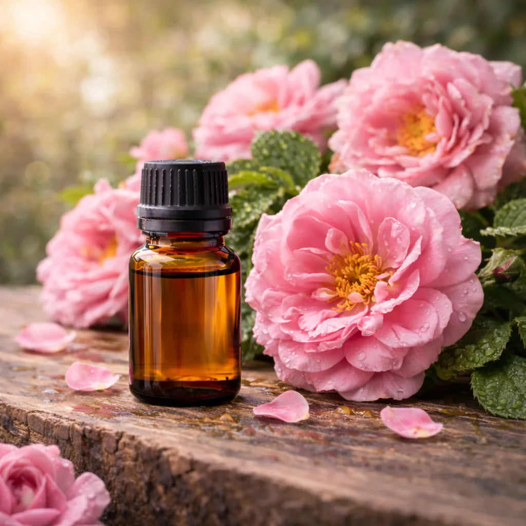 Brown glass bottle with black cap on a wooden surface surrounded by pink roses