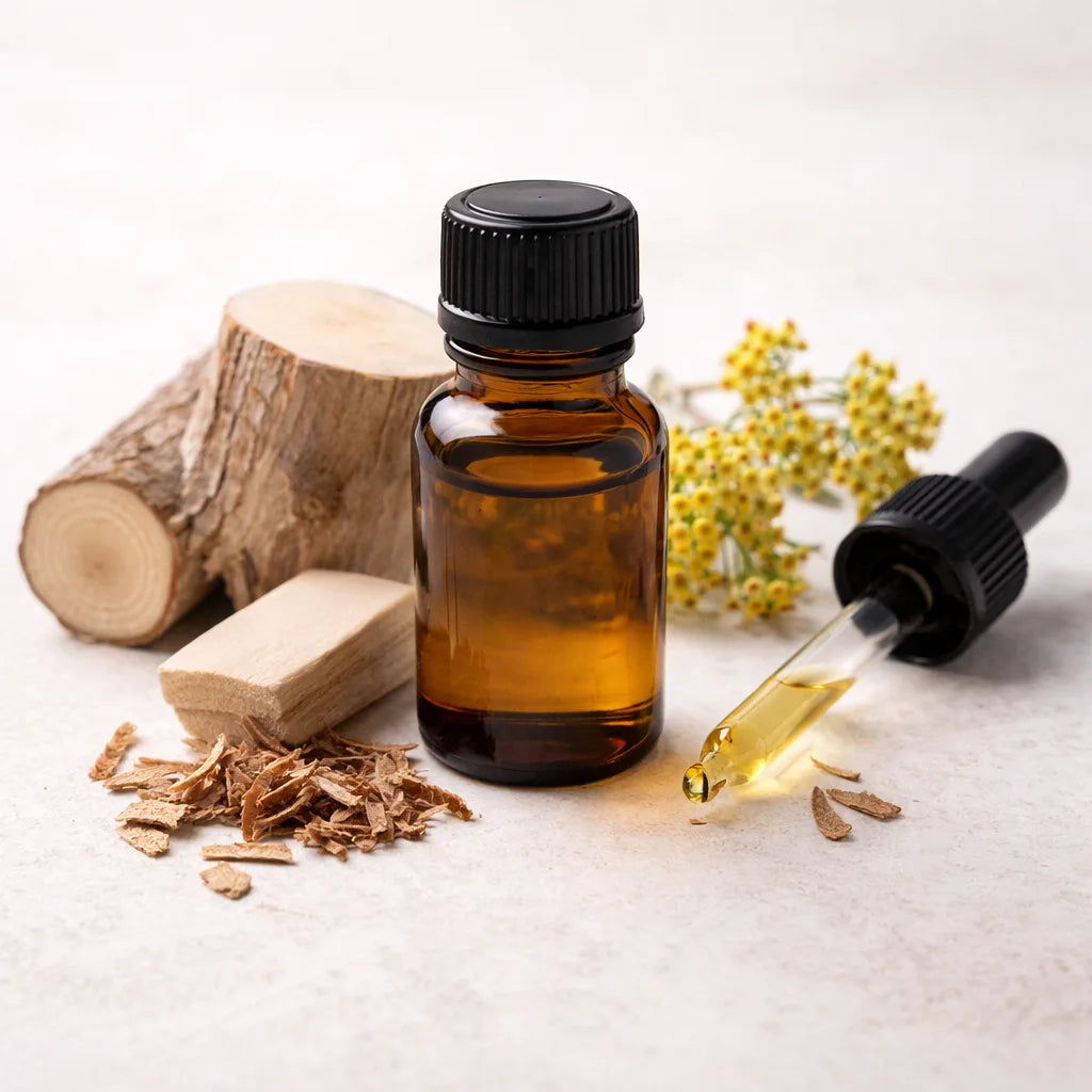 Australian sandalwood essential oil in an amber bottle with sandalwood timber and flowers surounding it