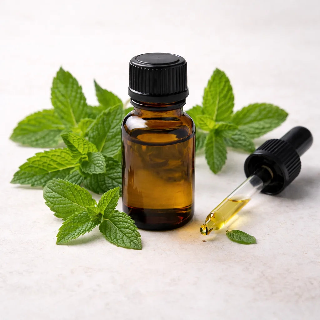 Spearmint essential oil in an amber glass bottle surrounded by spearmint leaves
