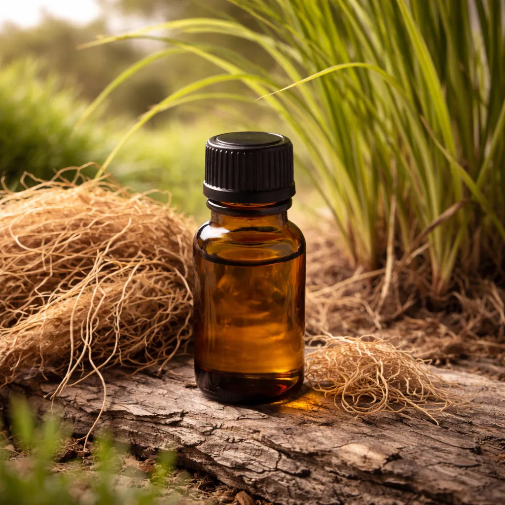 Vetiver essential oil in an amber glass bottle with vetiver roots and grass around it