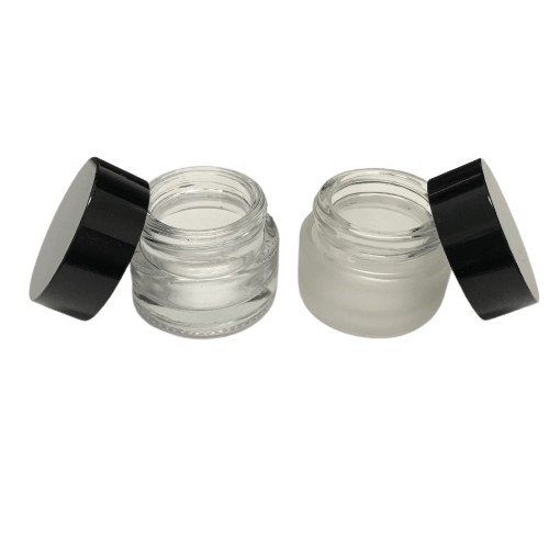 5gm Glass Jar in clear or frosted finish with black lid