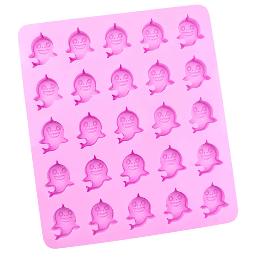 Pink back of mould showing smiling baby shark faces