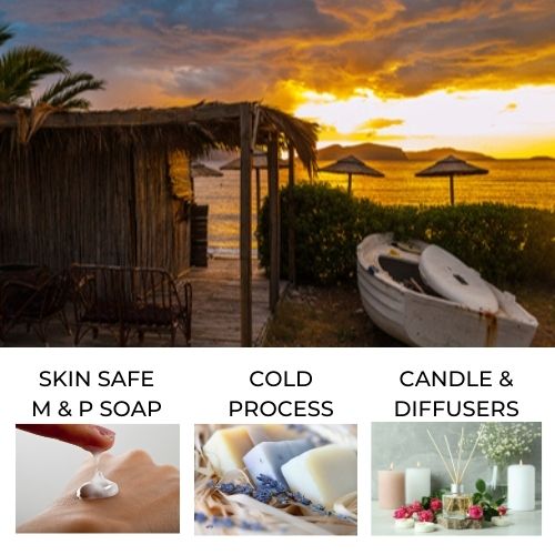 Beach house in front of setting sun to depict Beach House Fragrance Oil