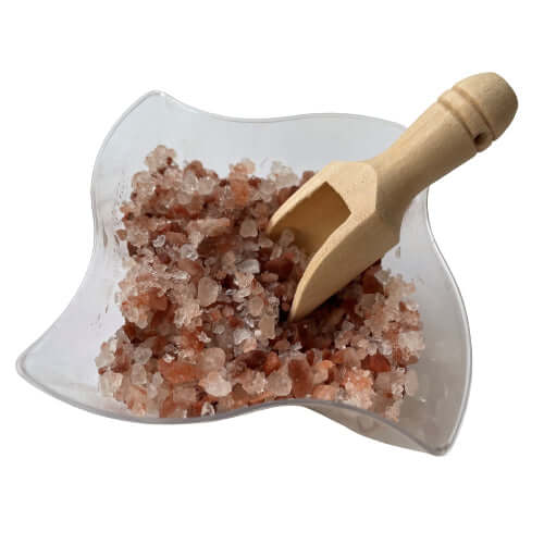 Himalayan Bath Salt Crystal Blend showing a bowl with pink salt mix and a wooden scoop