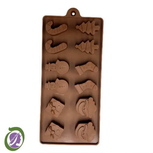 Brown coloured silicone mould with 12 cavities of Christmas theme