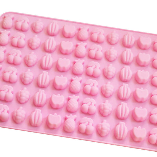 Pink mini fruit mould showing 66 cavities of assorted varieties