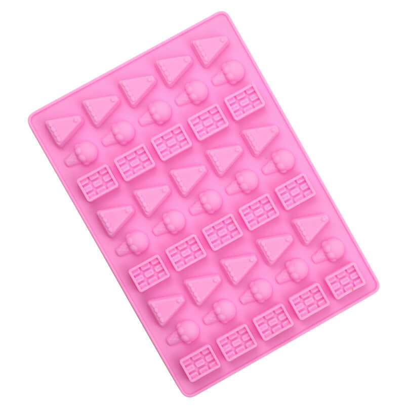 Pink 45 cavity mould of cake slice, ice crem cone and chocolate bar