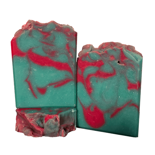 Green sea mist mica soap with red swirls