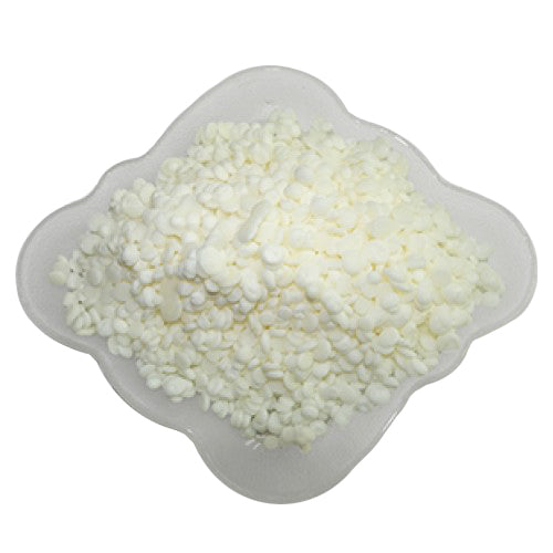 White pellets of BTMS-50 Conditioning Emulsifier on a dish
