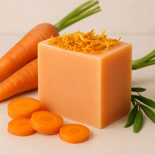 Heaven Cold Process Soap Recipe showing orange soap with carrots by the side and calendula on top