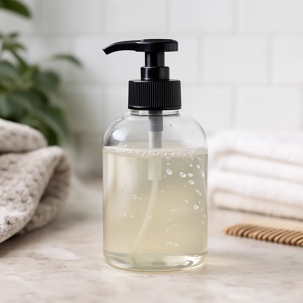 Bottle of shampoo base on bathroom counter
