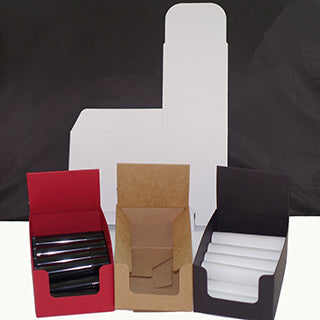 Flat packed and assembled lip balm tube display boxes