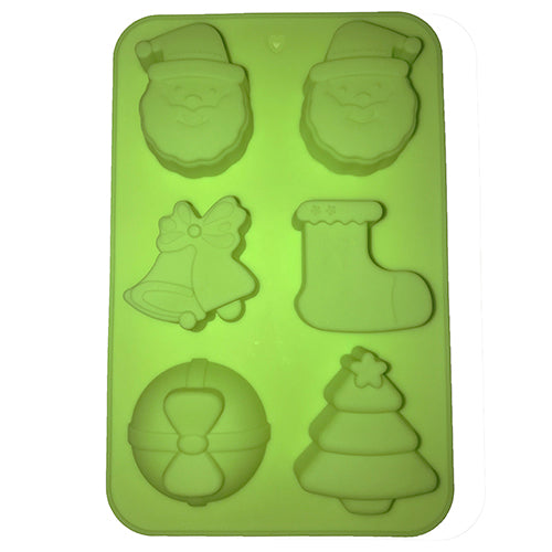 Green Christmas mould with santa heads, bells, booty, bauble and tree