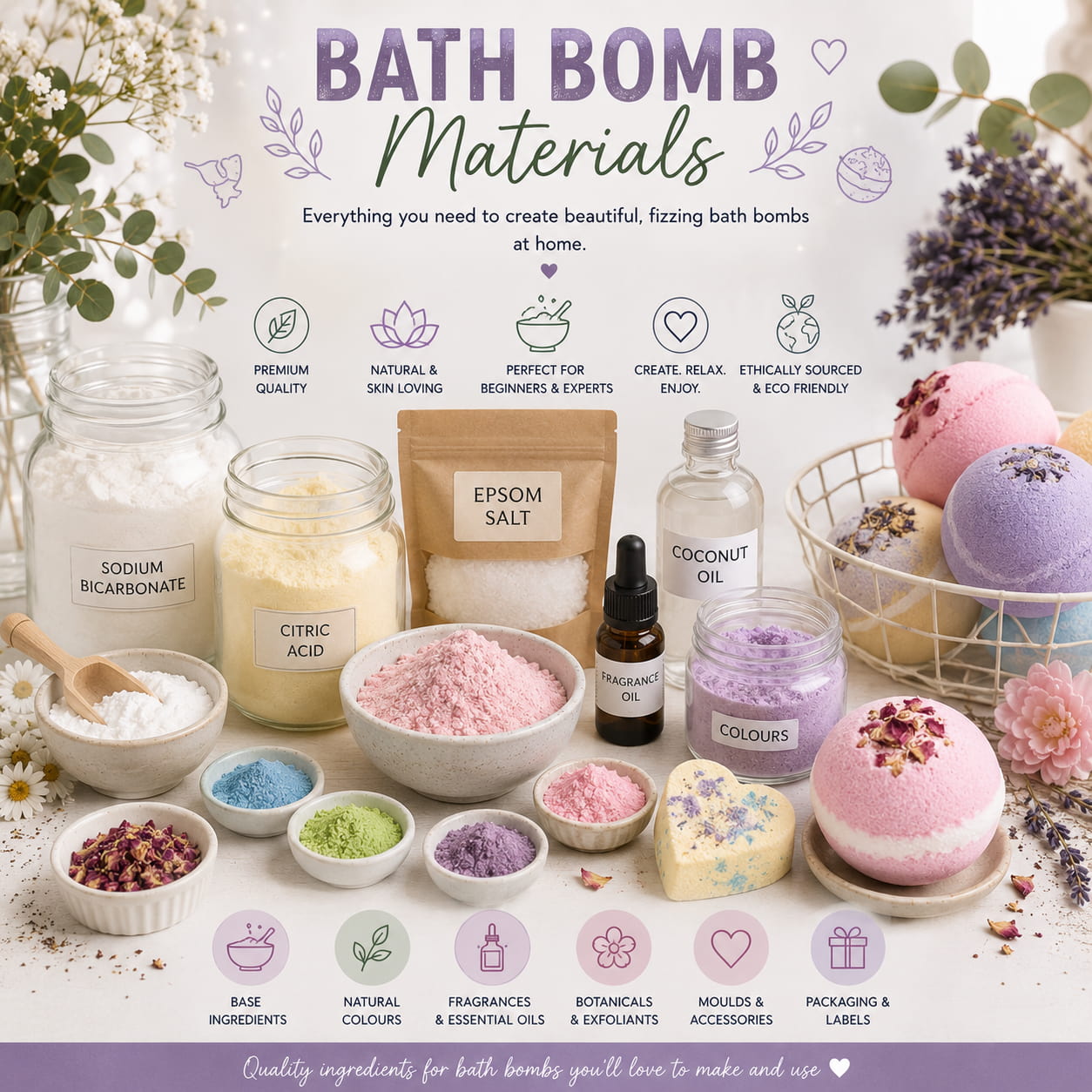 Assortment of ingredients used to make bath bombs