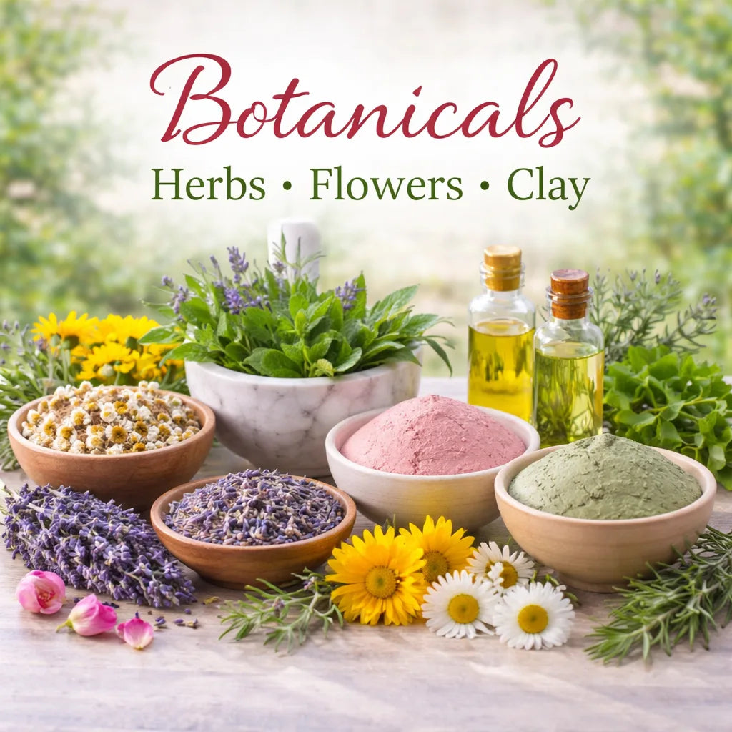 Botanicals, herbs and clays sitting in a natural setting