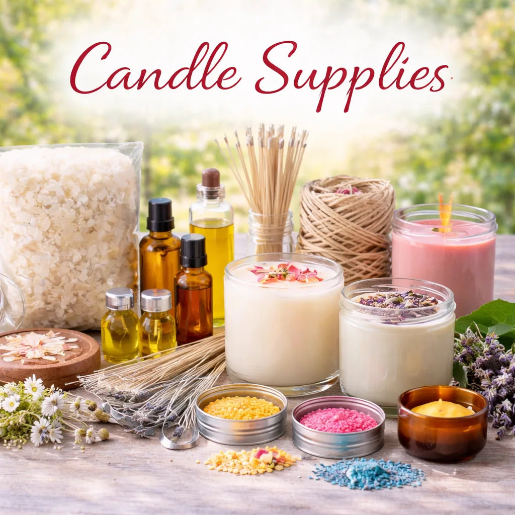 Assorted candle ingredients on a white tablecloth in a sunlit area.