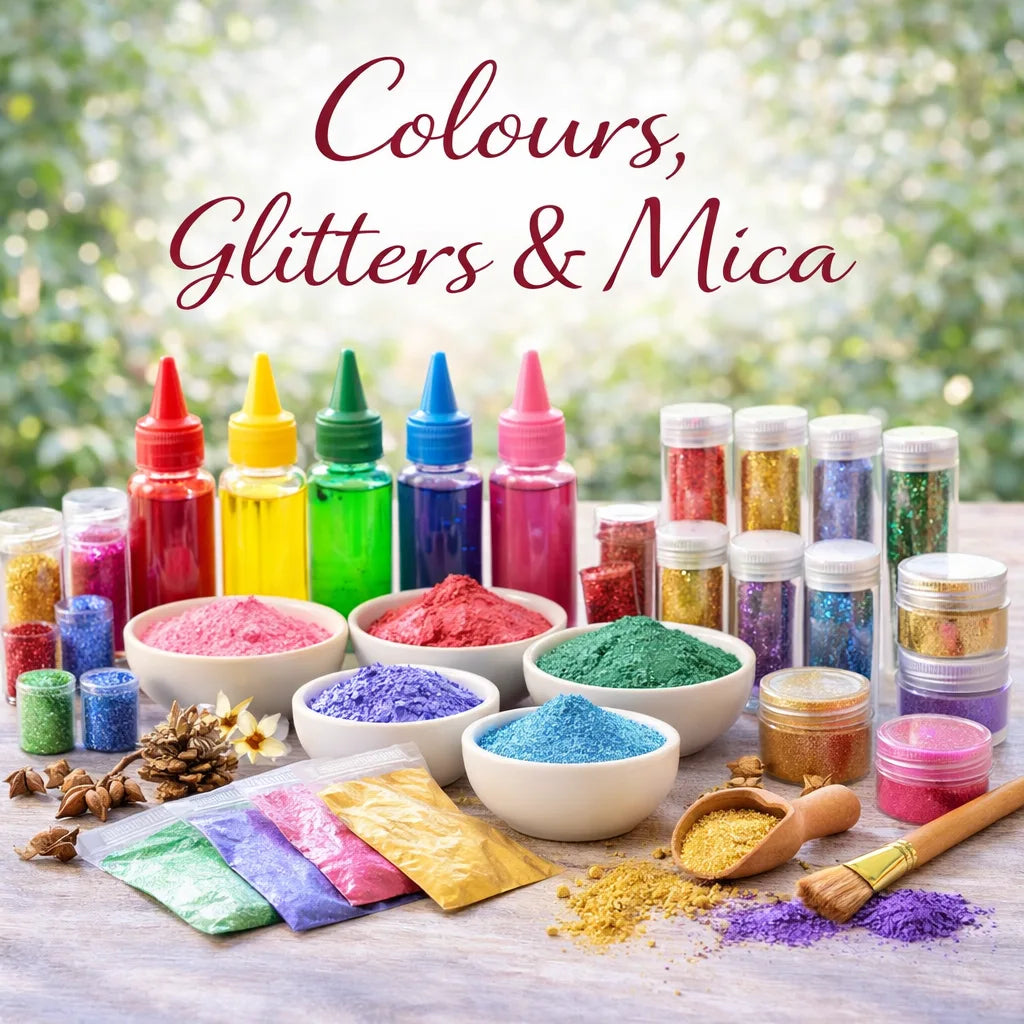 Assorted colours, glitters and micas in a forest setting