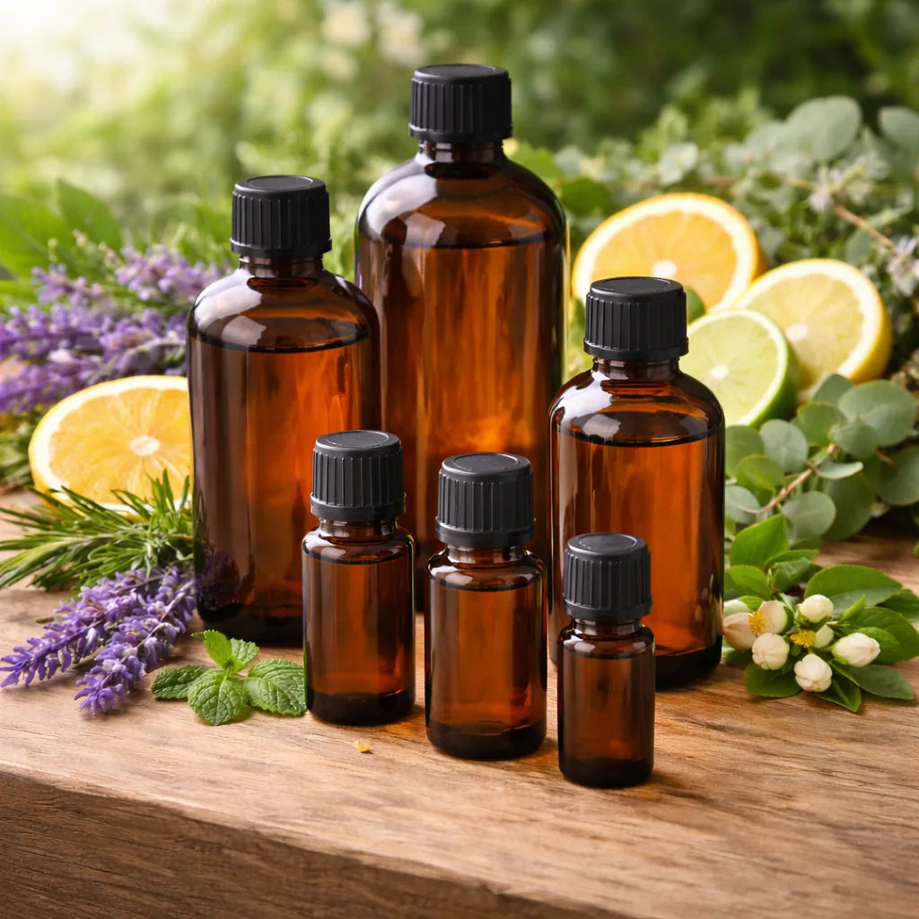 Essential oil bottles of varying sizes in front of fruit, herbs and flowers