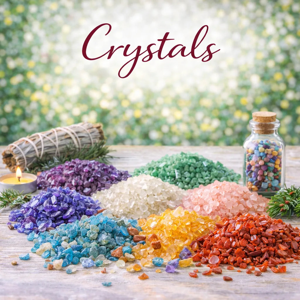 Piles of crystal chips on a white tablecloth