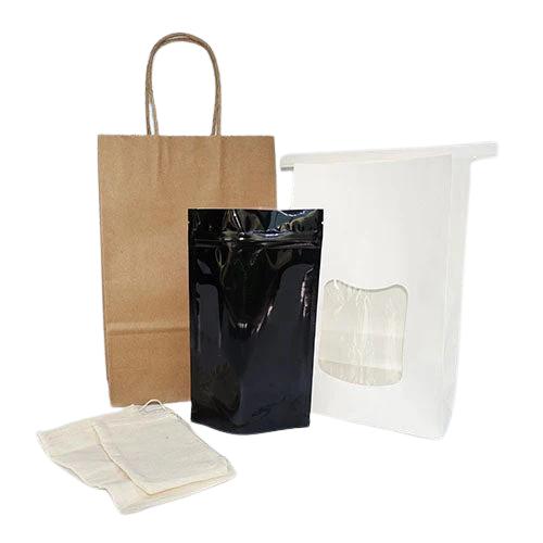 Carry bag, muslin bags, standup pouch and tin tie bag examples