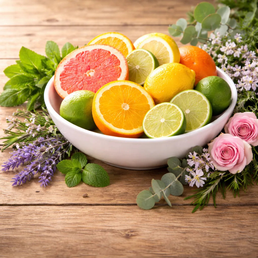 Fruit, flowers and leaves together on a wooden bench