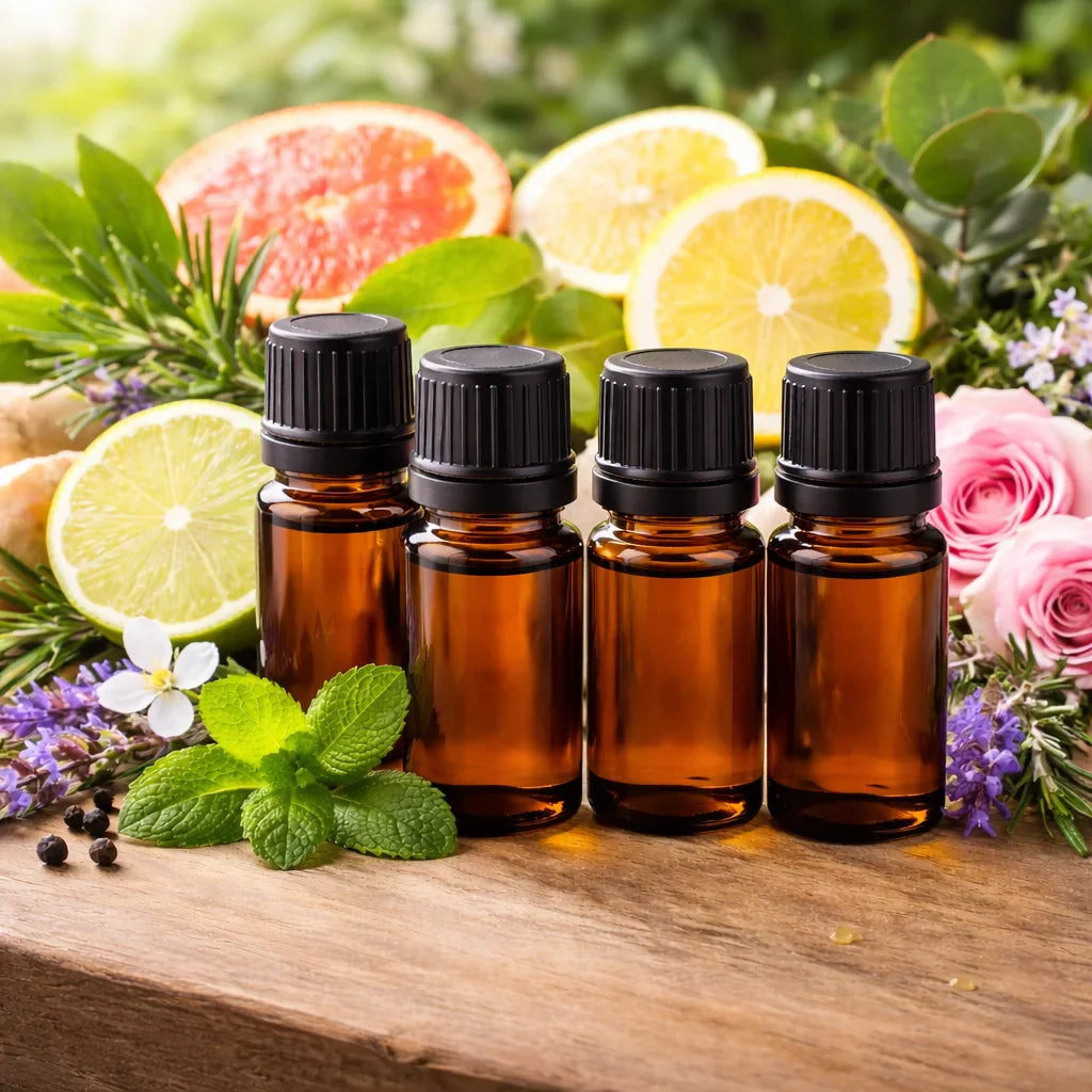 Amber glass bottles of essential oils sitting amongst fruits, flowers and leaves