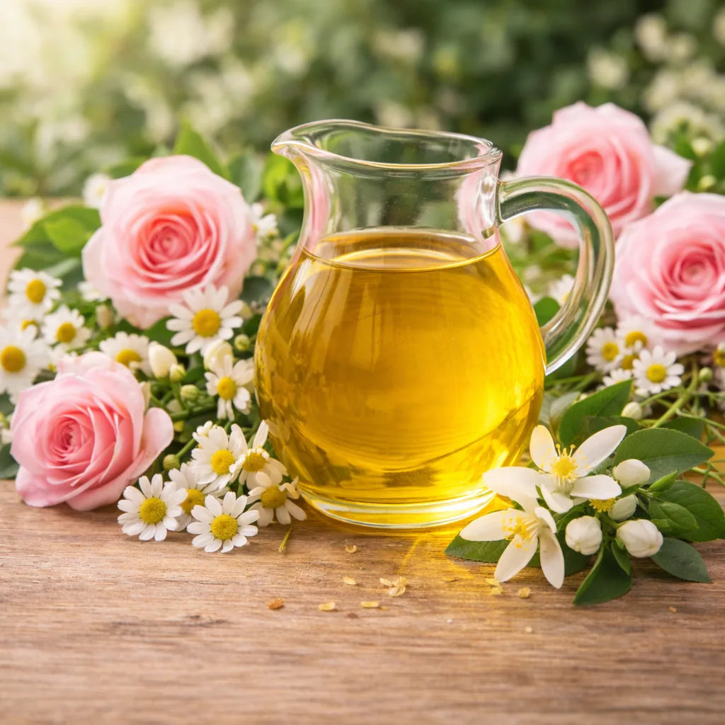 Jug of jojoba oil surrounded by roses, chamomile and orange blossom