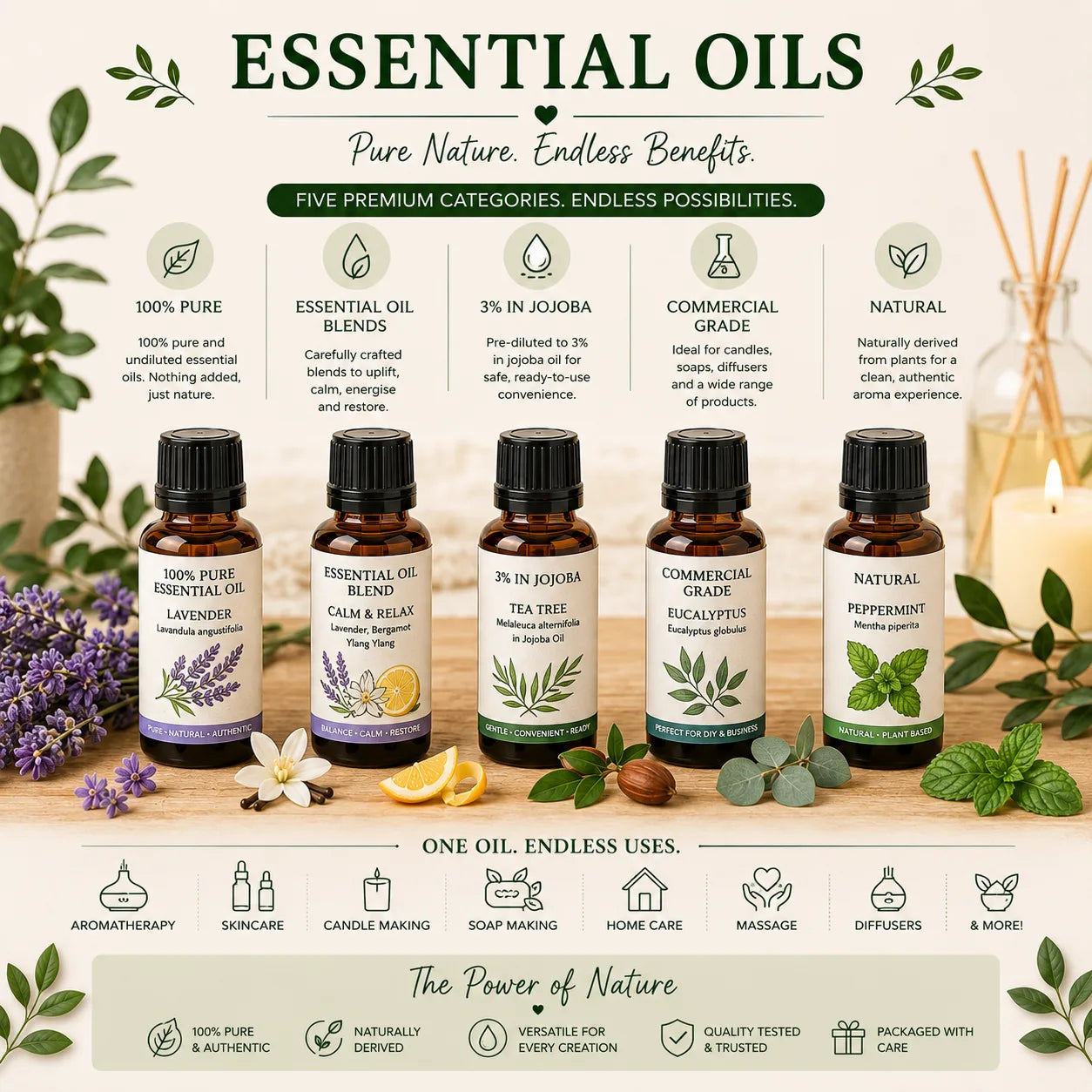 Essential oils in pure, commercial, natural, blends and jojoba oil versions