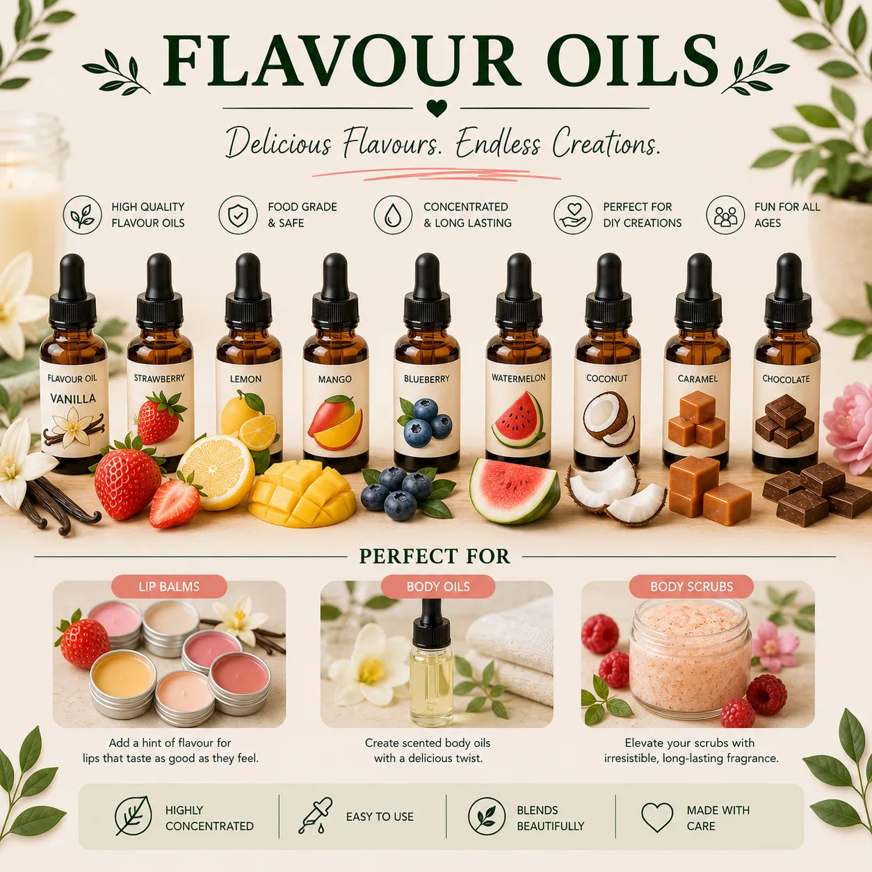 Flavour oils for lip balm, body oils and body scrubs