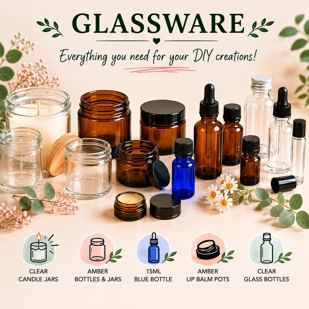 Assorted glass bottles and jars
