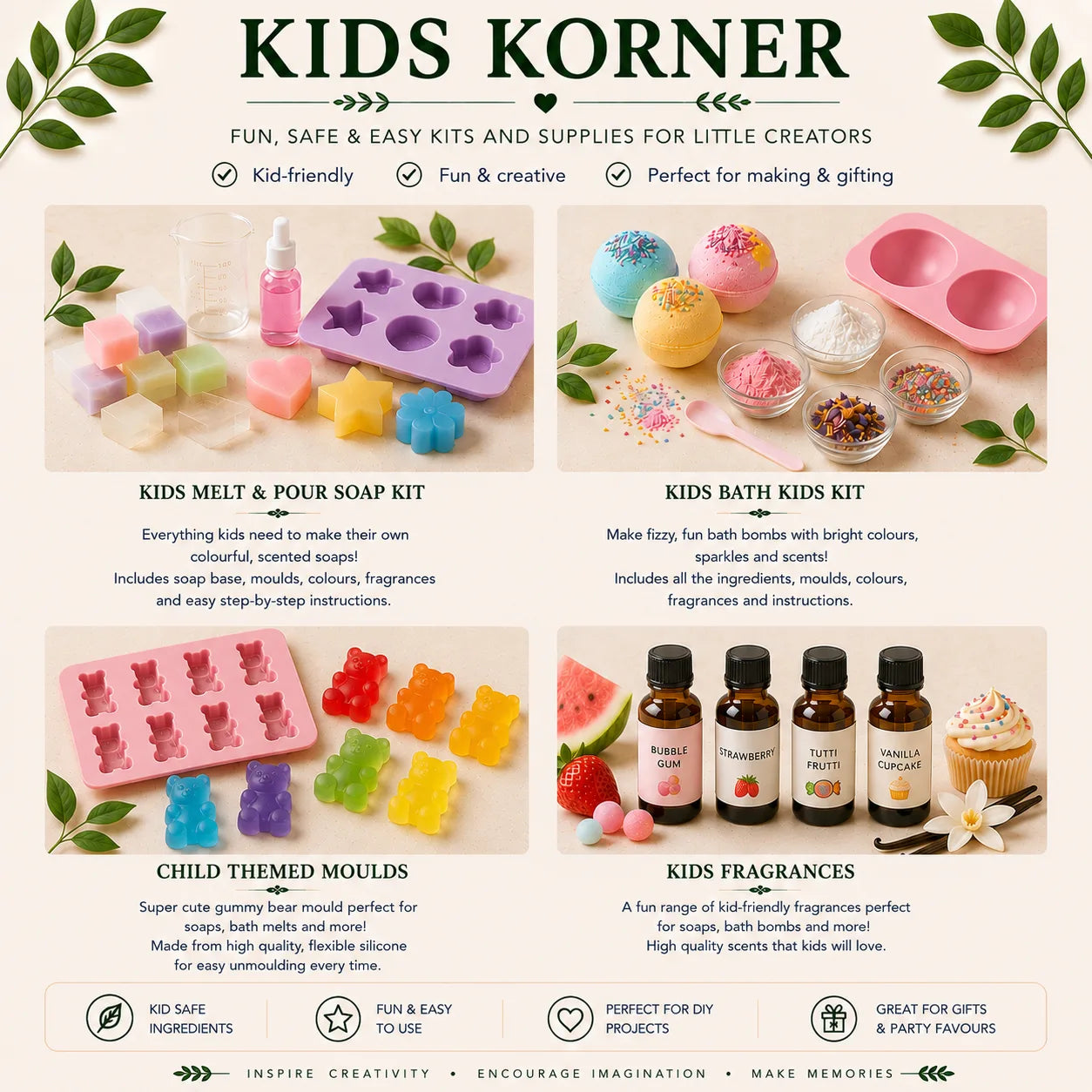 Crafts directed at children including kits, moulds and fragrances
