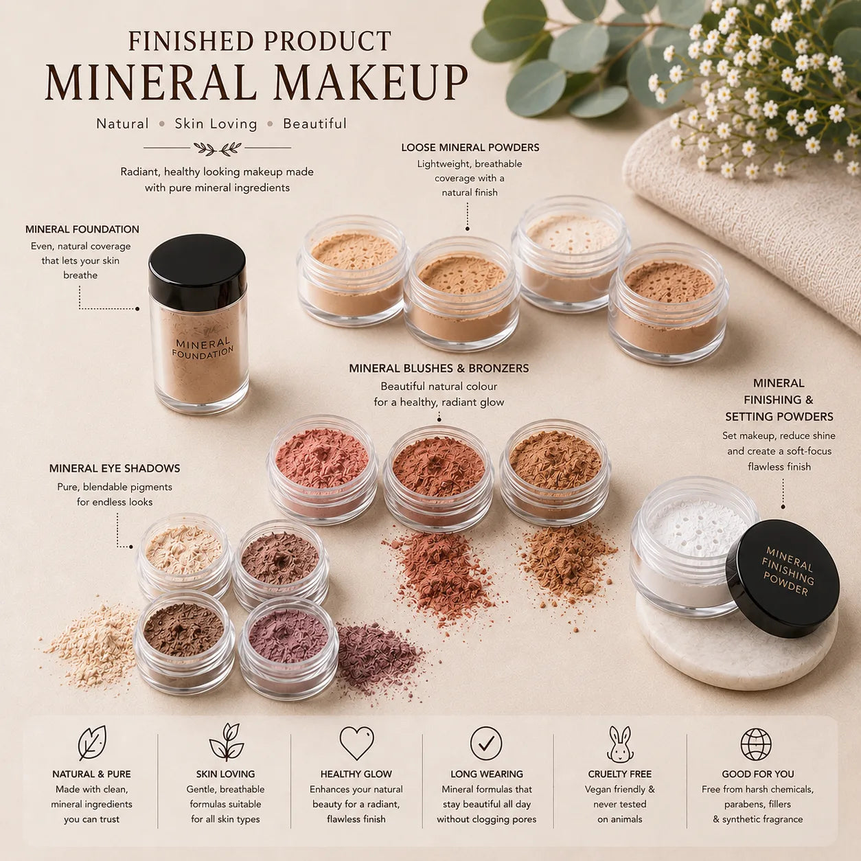 Array of Finished Mineral Makeup products with towel and flowers