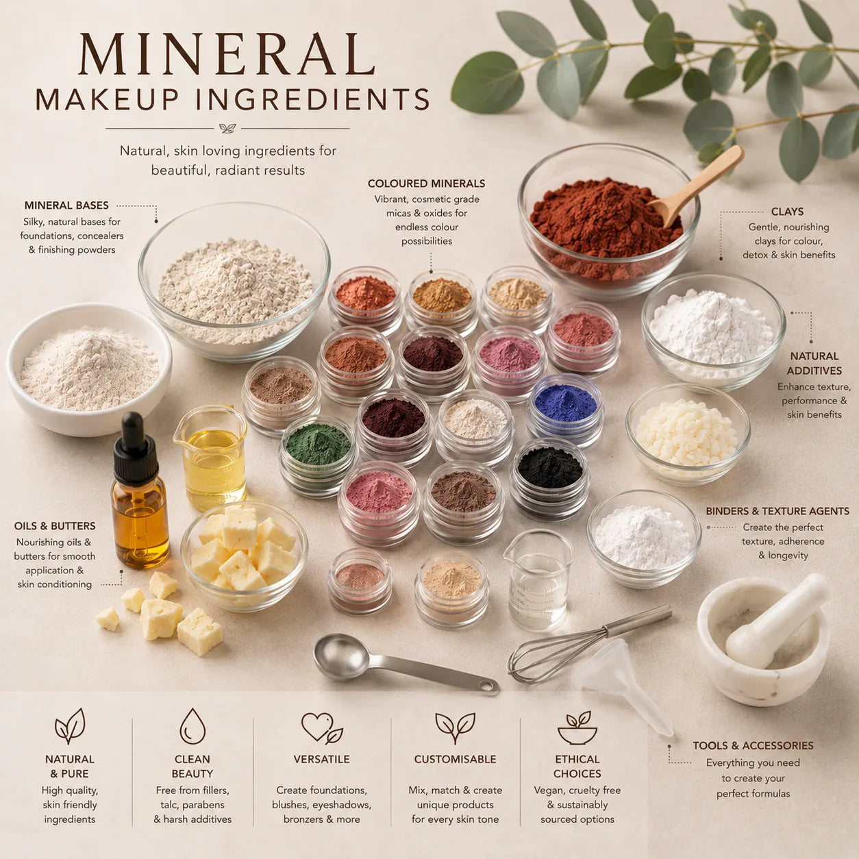 Assortment of mineral makeup ingredients on a beige back ground.