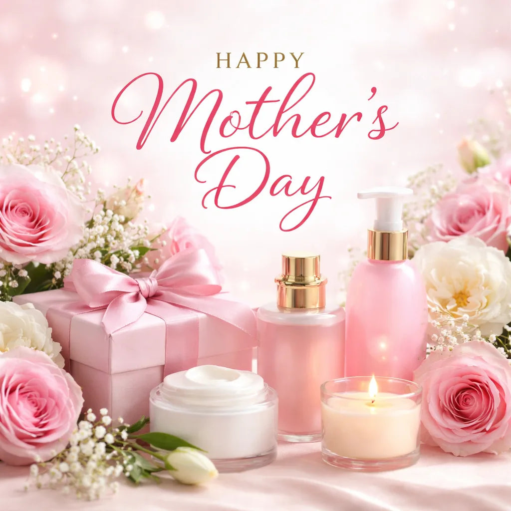 Assorted pink gifts on white table cloth